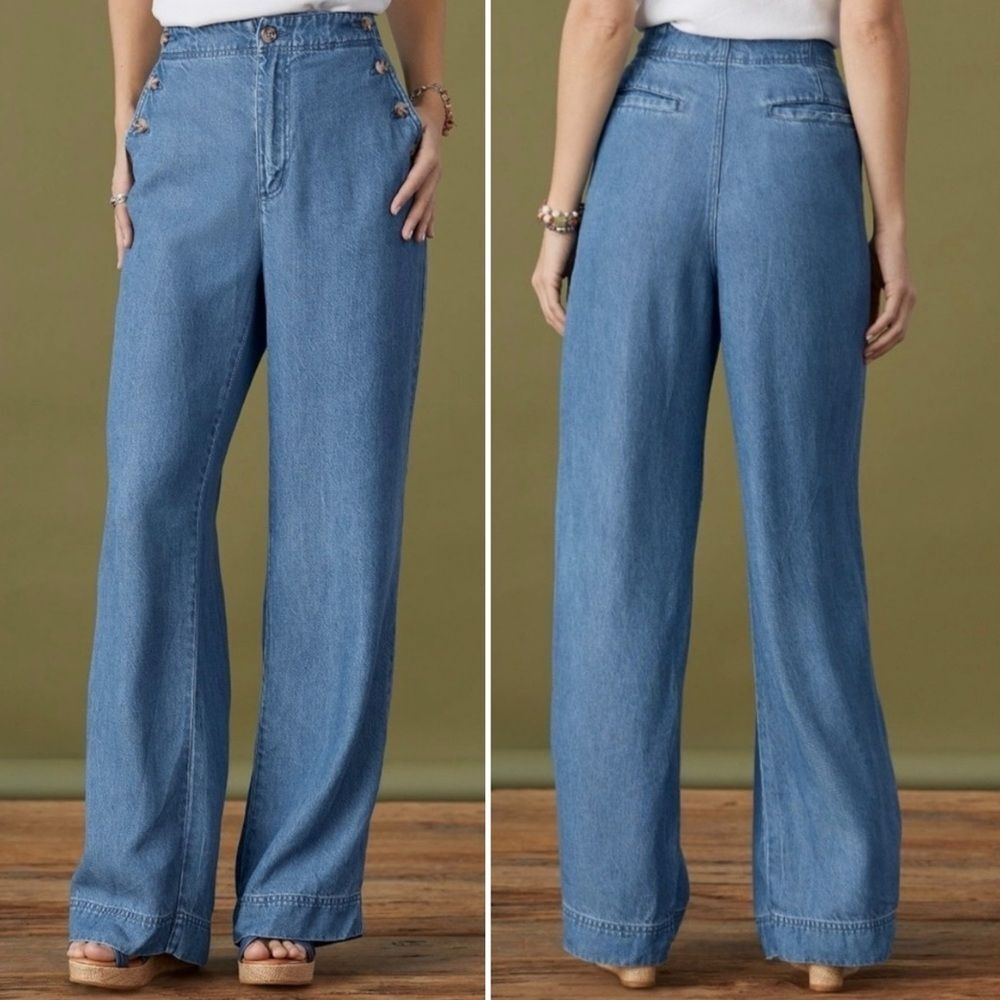 Sundance Oaklee Wide Leg Pants Lyocell Chambray Sailor Button High Rise Size 8 - Picture 13 of 13
